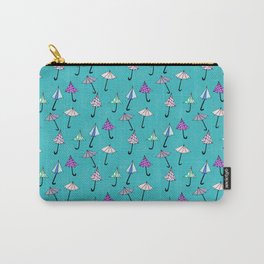 Umbrellas and Rain on Blue Carry-All Pouch