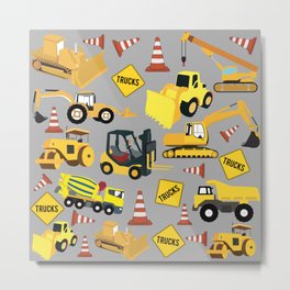 Construction Trucks Pattern - Excavator, Dump Truck, Backhoe and more. Metal Print | Buildingsite, Toys, Tools, Vehicles, Transportation, Truck, Graphicdesign, Toddler, Bulldozer, Crane 