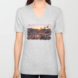 Joshua Tree Cholla Cactus Sunset Sun flare (warm tones) V Neck T Shirt