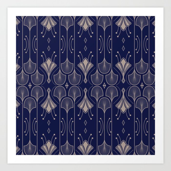 Lily Lake - Retro Floral Pattern Navy Blue Art Print