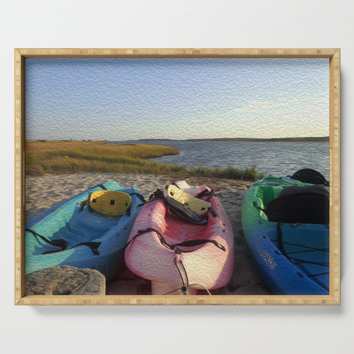 Kayaks Parked on the Beach Digital Oil Painting Serving Tray