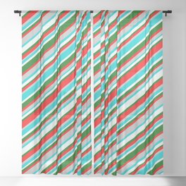 [ Thumbnail: Vibrant Red, Grey, Dark Turquoise, Mint Cream, and Dark Green Colored Striped/Lined Pattern Sheer Curtain ]