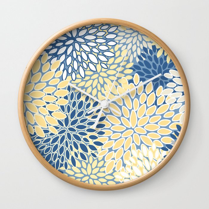 Modern, Flowers Print, Yellow, Blue and White Wall Clock