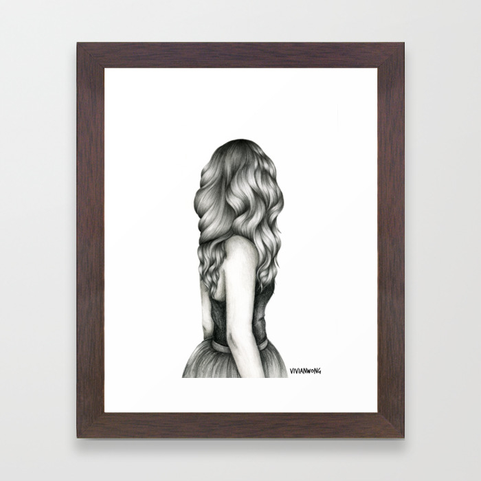 Black White Pencil Sketch Wavy Hair Girl Framed Art Print By