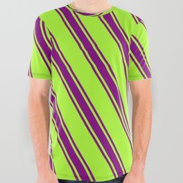 [ Thumbnail: Light Green and Purple Colored Lines/Stripes Pattern All Over Graphic Tee ]