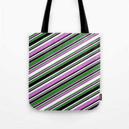 [ Thumbnail: Forest Green, Orchid, Black & White Colored Striped/Lined Pattern Tote Bag ]