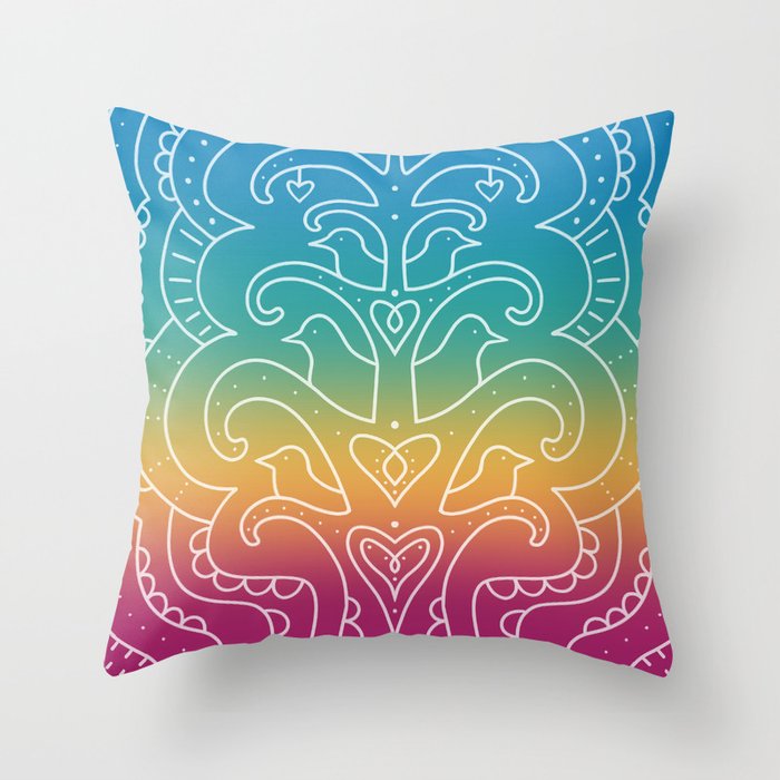 Bird Fountain white Line Drawing of Fountion on Rainbow Throw Pillow