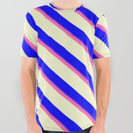 [ Thumbnail: Hot Pink, Light Yellow, Blue, and Purple Colored Lined Pattern All Over Graphic Tee ]