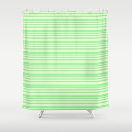 [ Thumbnail: Beige and Green Colored Lined/Striped Pattern Shower Curtain ]