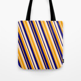 [ Thumbnail: Orange, Blue & Bisque Colored Lined Pattern Tote Bag ]