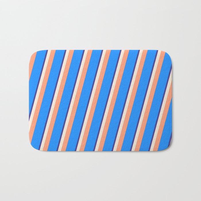 Dark Slate Blue, Beige, Light Salmon & Blue Colored Pattern of Stripes Bath Mat
