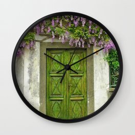 Lilacs and Green European Doorway Photograph Wall Clock