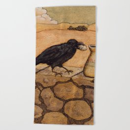 Crow and Pitcher from Aesop's Fables - Necessity is the mother of invention Beach Towel
