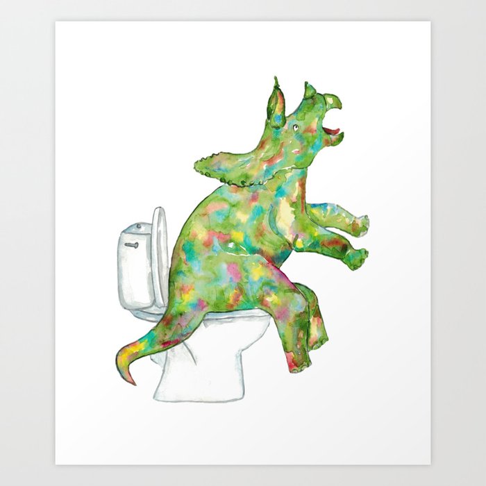  Triceratops in the bathroom dinosaur painting watercolour Art Print