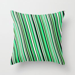 [ Thumbnail: Eye-catching Green, Grey, Forest Green, White, and Black Colored Stripes/Lines Pattern Throw Pillow ]