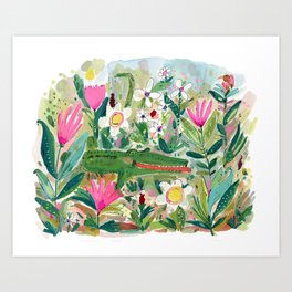 Alligator in colorful flowers Art Print