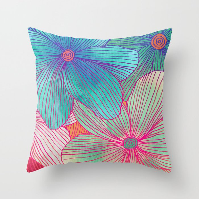 Between the Lines - tropical flowers in pink, orange, blue & mint Throw Pillow