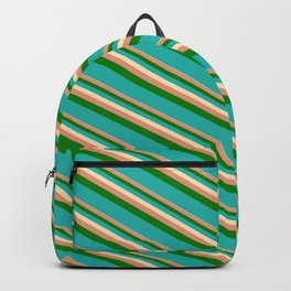 [ Thumbnail: Beige, Dark Salmon, Green & Light Sea Green Colored Lines Pattern Backpack ]