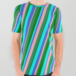 [ Thumbnail: Eye-catching Cyan, Royal Blue, Light Pink, Sea Green & Green Colored Striped Pattern All Over Graphic Tee ]