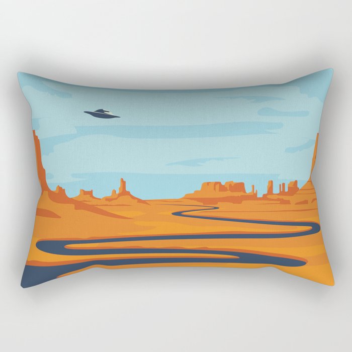  landscape with deserted valley, mountains, dark winding river and flying saucer in the sky. Decorative illustration on the theme of of alien invasion. Western scenery and UFO Rectangular Pillow