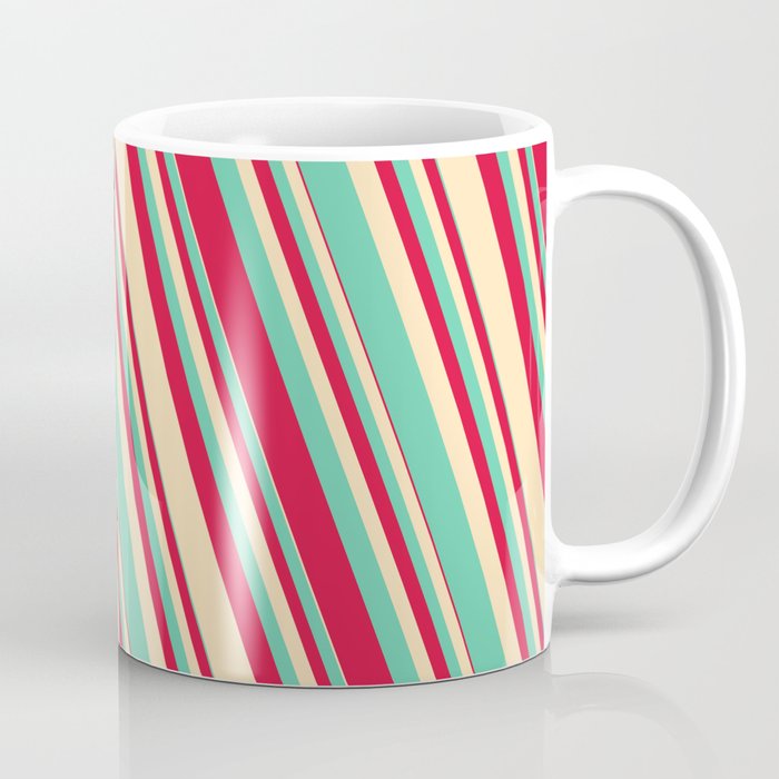 Aquamarine, Crimson, and Beige Colored Striped/Lined Pattern Coffee Mug