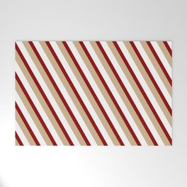 [ Thumbnail: Dark Red, Tan, and White Colored Stripes Pattern Welcome Mat ]