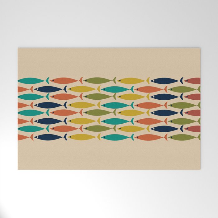 Midcentury Modern Multicolor Fish Stripe Pattern in Olive, Mustard, Orange, Teal, Beige Welcome Mat