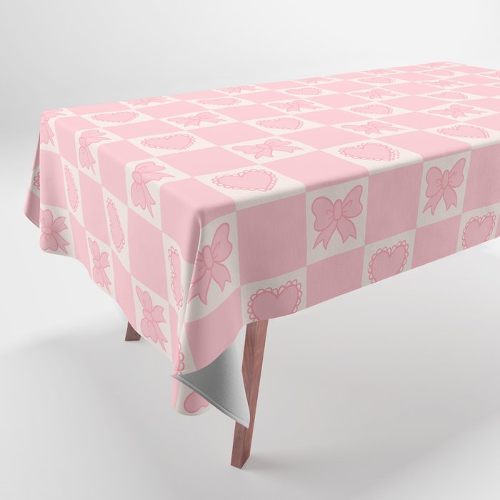 Pink Bow Checkered Print Tablecloth