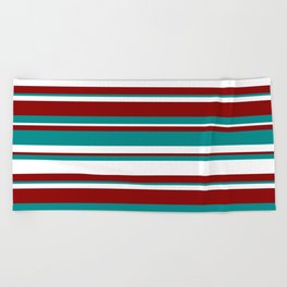 [ Thumbnail: Dark Red, Dark Cyan, and White Colored Striped Pattern Beach Towel ]