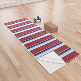 [ Thumbnail: Eyecatching Light Salmon, Blue, Royal Blue, Light Cyan, and Brown Colored Lined/Striped Pattern Yoga Towel ]