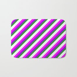 [ Thumbnail: Eye-catching Fuchsia, Dark Violet, Forest Green, Mint Cream, and Light Grey Colored Stripes Pattern Bath Mat ]