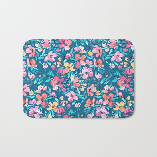 Teal Summer Floral in Watercolors Bath Mat