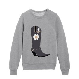 Cowboy Boot | 04 - Retro Abstract Black And Cream White Aesthetic Boots Kids Crewneck