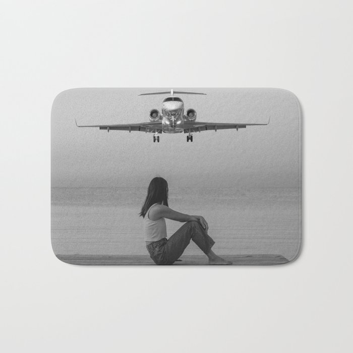 Steady As She Goes IV; aircraft coming in for an island landing black and white photography photographs photograph Bath Mat