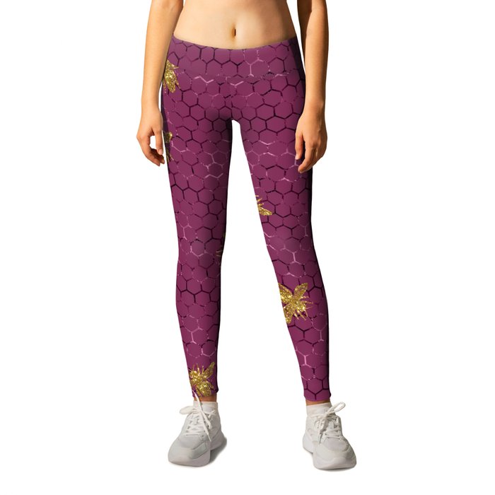 Burgundy Metallic Honeycomb Bees Pattern Leggings