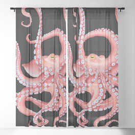Red Octopus Tentacles Dance Watercolor Black Sheer Curtain