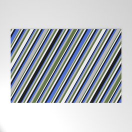 [ Thumbnail: Eye-catching Royal Blue, Grey, Dark Olive Green, White & Black Colored Lines Pattern Welcome Mat ]