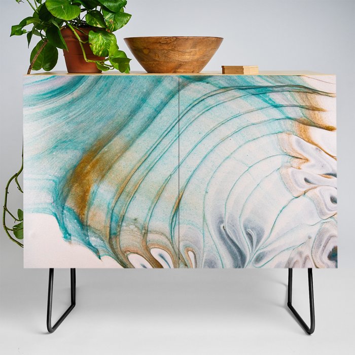 teal gold and white acrylic waves Credenza