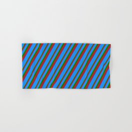 [ Thumbnail: Red, Blue, and Green Colored Stripes Pattern Hand & Bath Towel ]