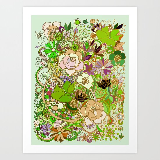 Detailed summer floral pattern, green Art Print