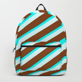 [ Thumbnail: Brown, Aqua & Light Cyan Colored Lined Pattern Backpack ]