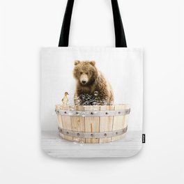 Bear in a Wooden Bathtub, Bear and Duckling Taking a Bath, Bathtub Animal Art Print By Synplus Tote Bag