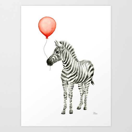 Baby Zebra Whimsical Animal with Red Balloon Nursery Art Art Print