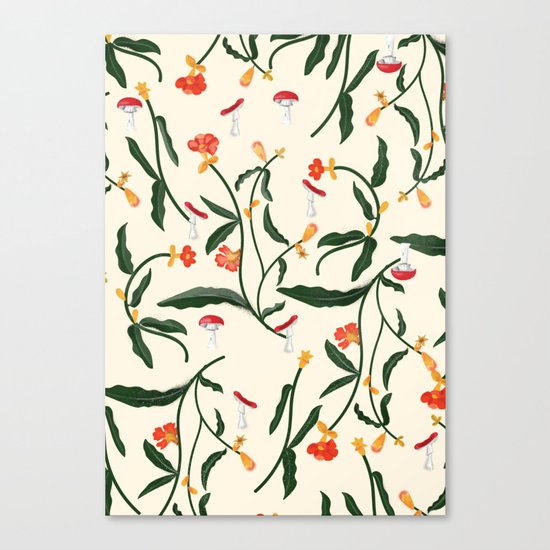 Mushrooms and Flowers Hanging Out Canvas Print