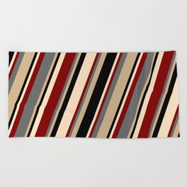 [ Thumbnail: Dim Grey, Tan, Black, Bisque & Maroon Colored Pattern of Stripes Beach Towel ]
