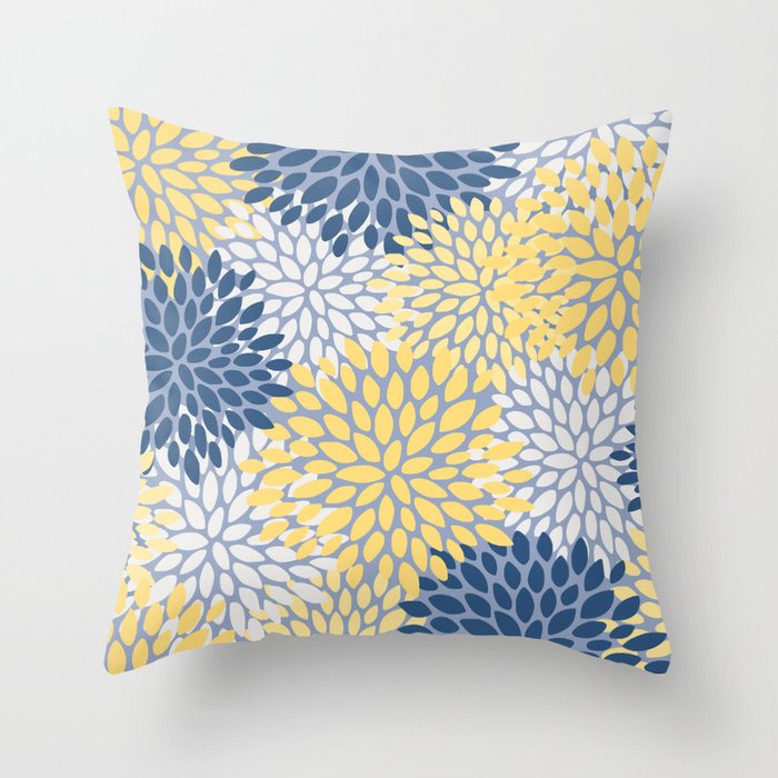 Modern Flowers Print, Yellow, White and Blue Throw Pillow
