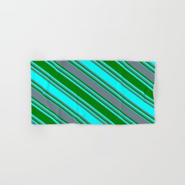 [ Thumbnail: Slate Gray, Green & Cyan Colored Stripes/Lines Pattern Hand & Bath Towel ]