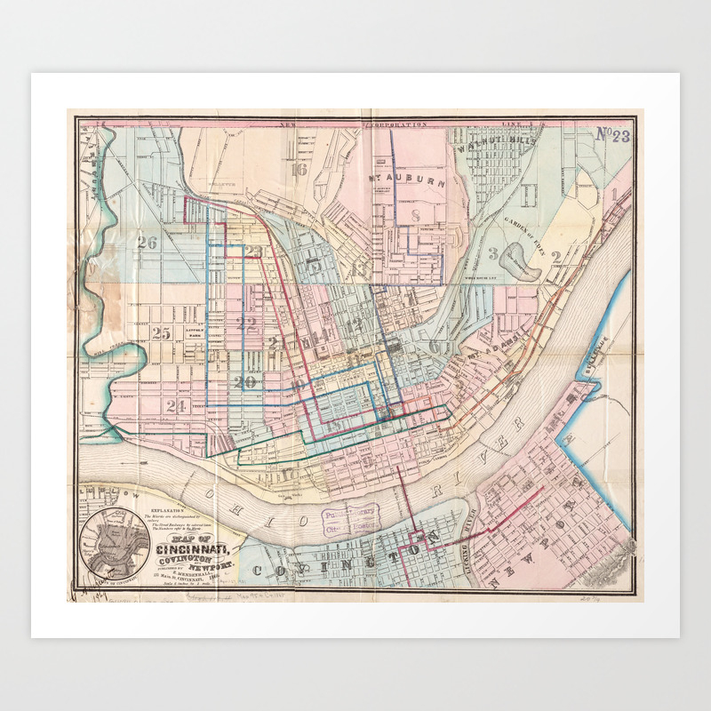 Vintage Map Of Cincinnati Oh 1868 Art Print By Bravuramedia Society6