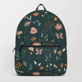 Earthy Wildflower Botanicals Forest Green Pattern Backpack | Unique, Floral, Wildflowers, Painting, 70S, Trendy, Girly, Pretty, Leaves, Flowers 