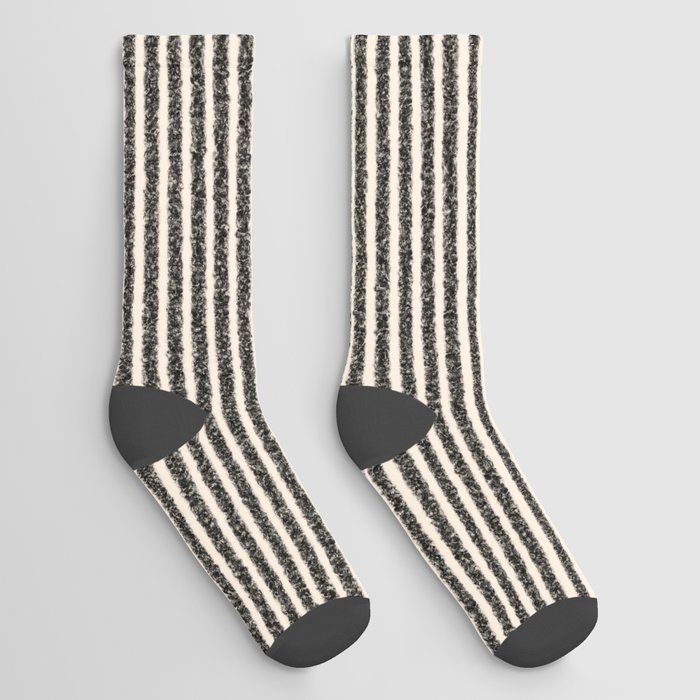 Organic Stripes - Minimalist Textured Line Pattern in Black and Almond Cream Socks